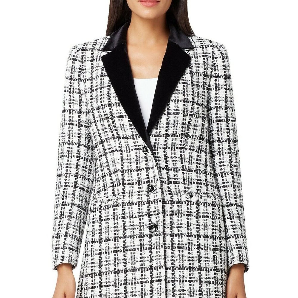 NWT Tahari Women's White Plaid Velvet-Collared Lapel Boucle Topper Jacket Size 6